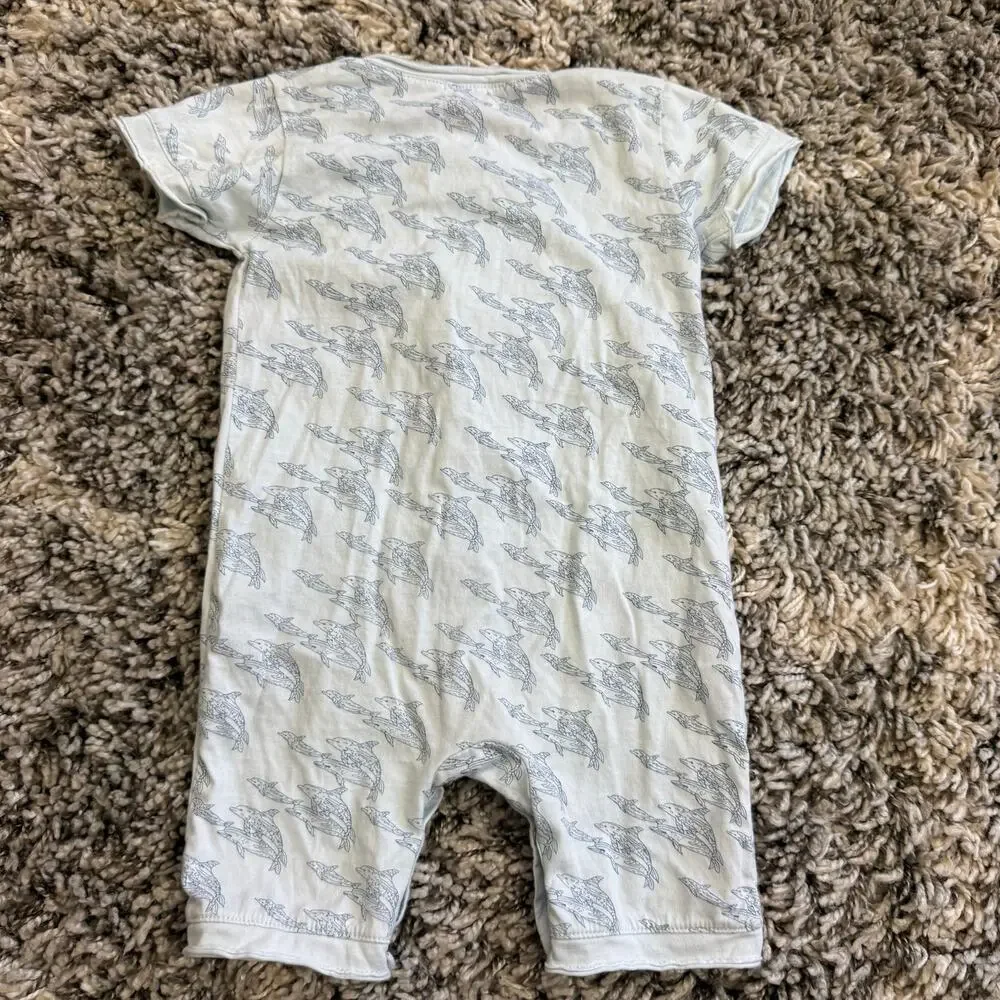 Feather Baby 9-12 Months Pima Cotton Blue Fish Romper Henley Button Outfit READ